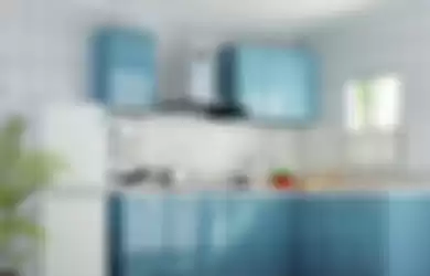 Dapur biru luntur yang cerah dipadu warna putih