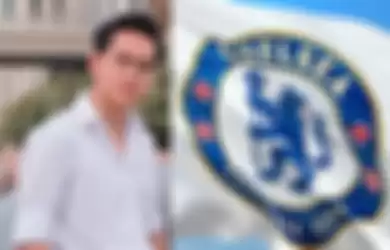 Ilustrasi sosok Indra Kenz dan logo Chelsea FC