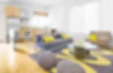 Ilustrasi ruangan dengan perpaduan warna abu-abu dan kuning
