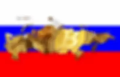 Ilustrasi mata uang Bitoin dan bendera Rusia