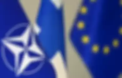 Ilustrasi bendera NATO, Finlandia, dan Uni Eropa