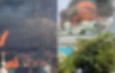 Kobaran api membakar kubah Masjid Jakarta Islamic Center (JIC) di Koja, Jakarta, Utara (19/10/2022).
