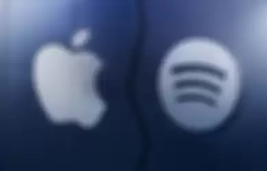 Ilustrasi logo Spotify dan Apple