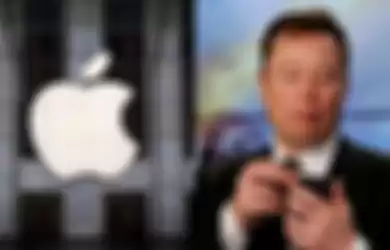 Logo Apple (kiri) dan Elon Musk menggunakan iPhone (kanan)