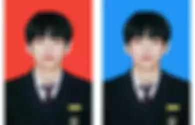 Ilustrasi cara edit foto KTP musisi Taehyung BTS dengan background merah dan background biru. 