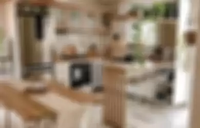 Foto desain dapur mungil yang menyatu dengan ruang keluarga. 