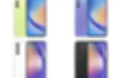 Pilihan warna Samsung Galaxy A34 5G berurutan dari kiri atas ke kanan bawah : Awesome Lime (hijau), Awesome Violet (ungu),  dan Awesome Silver (abu-abu), dan Awesome Graphite (hitam)