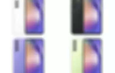 Pilihan warna Samsung Galaxy A54 5G dari kiri atas ke kanan bawah : Awesome White (putih), Awesome Graphite (hitam), Awesome Violet (ungu), dan Awesome Lime (hijau)