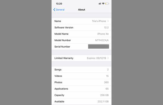 Informasi About di iOS 12.2