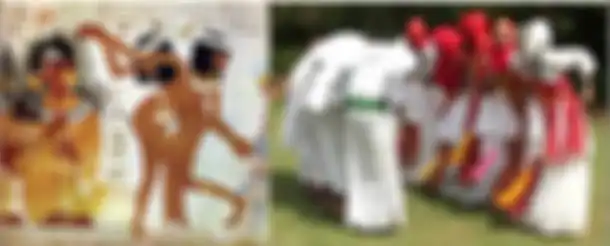 Kiri: Penari dan pemain suling Mesir Kuno. Kanan: Wanita dan pria muda Somalia menampilkan lagu tarian dhaanto tradisional di Jubaland.