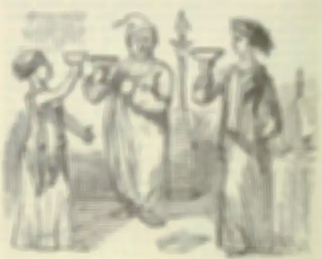 Gambar oleh John Leech, dari: The Comic History of Rome oleh Gilbert Abbott A. Beckett. Bradbury, Evans & Co, London, 1850-an. Mithridates, tindakan gegabahnya.