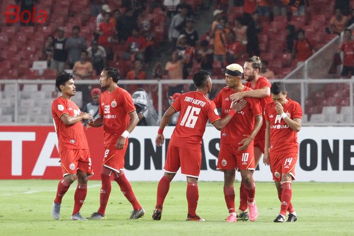 Skuat Persija Jakarta merayakan gol yang dicetak Bruno Matos, pada laga Piala AFC 2019 kontra Shan United di Stadion Utama Gelora Bung Karno, Rabu (15/5/2019).