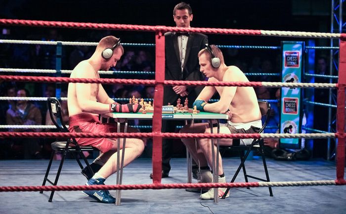 LONDON, UNITED KINGDOM - OCTOBER 10: Chris Levy and Tim Bendfeldt in action during the first ever Battle Royale chessboxing event held at Royal Albert Hall on October 10, 2012 in London, England. (Photo by Christie Goodwin/WireImage)