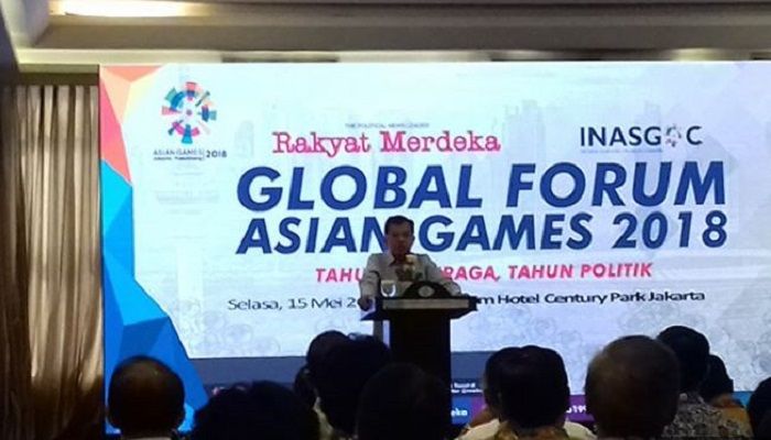 Wakil Presiden RI Jusuf Kalla dalam sambutannya di diskusi 95 Hari Menuju Asian Games di Hotel Century, Senayan, Jakarta, Selasa (15/5/2018).