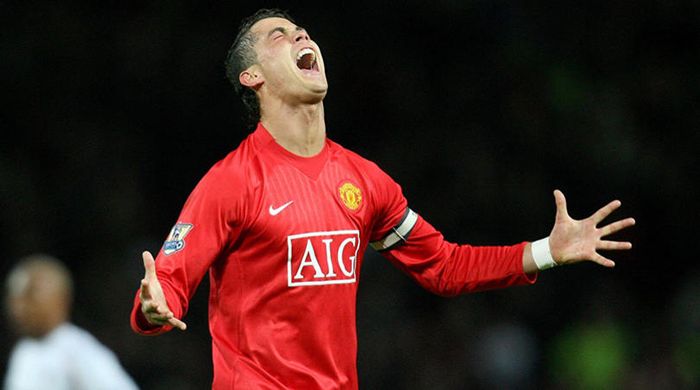 Manchester United's Cristiano Ronaldo celebrates scoring his second goal during the Barclsy Premier 