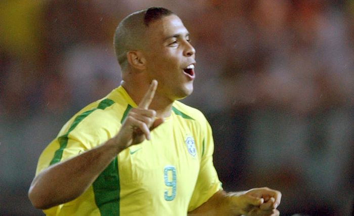 Brazilian star forward Ronaldo cheers after scoring the 1-0 lead during the 2002 World Cup final aga