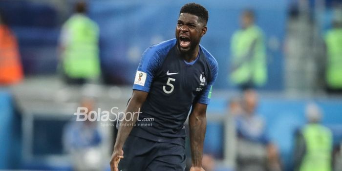 Selebrasi Samuel Umtiti, usai berhasil menjebol gawang Belgia dalam laga pada semifinal Piala Dunia 