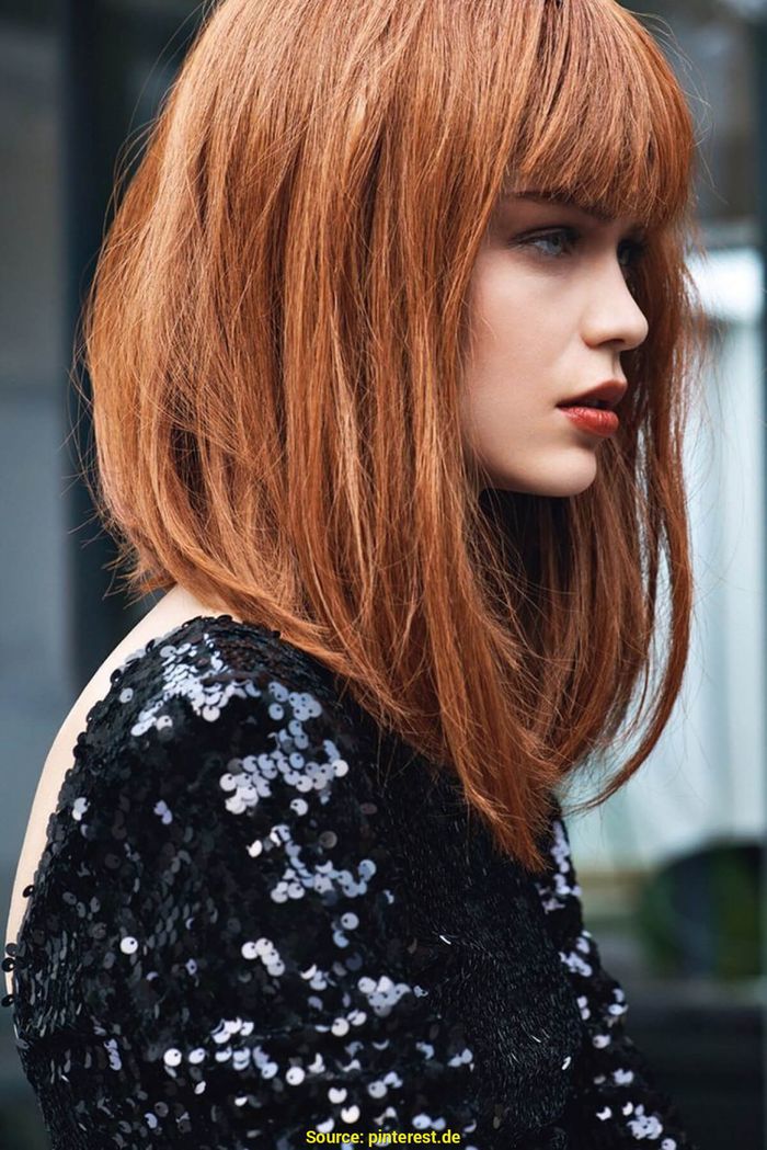 Image of Asymmetrical blunt bob with long layers red hair
