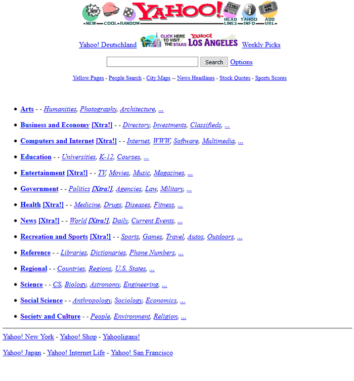 Tampilan website Yahoo di tahun 1996.