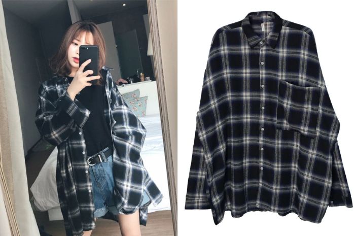 Rocho - Oversized Plaid Long T-Shirt