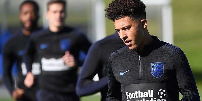 Gelandang timnas Inggris, Jadon Sancho, saat mengikuti sesi latihan tim di St George's Park, Burton-