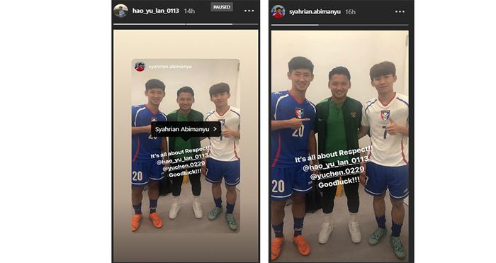 unggahan pemain Timna U-19 Taiwan (kiri) dan Syahrian Abimanyu (kanan)