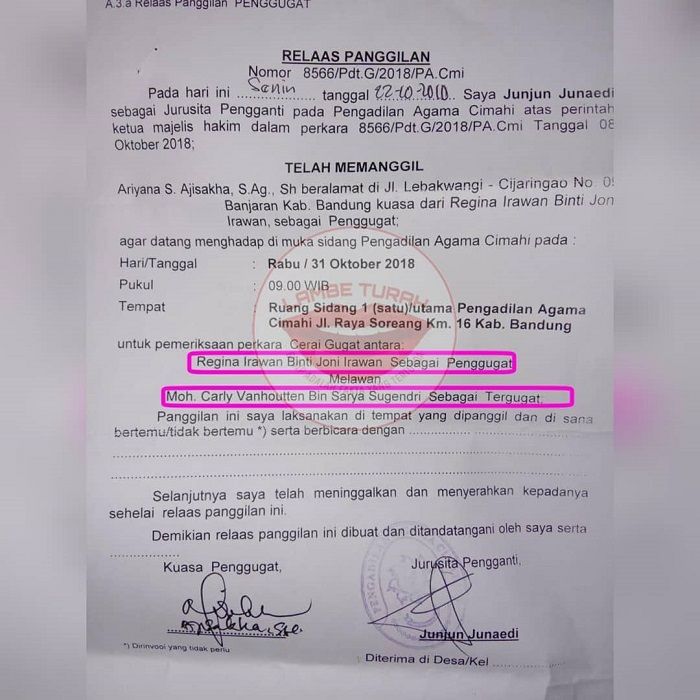 Surat <a href='https://manado.tribunnews.com/tag/gugatan' title='gugatan'>gugatan</a> cerai Regina istri <a href='https://manado.tribunnews.com/tag/charly-van-houten' title='Charly Van Houten'>Charly Van Houten</a> di unggah akun gosip pada tahun 2018