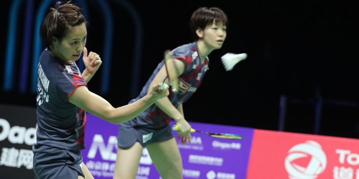 Ganda putri Jepang, Yuki Fukushima (depan)/Sayaka Hirota, di final Kejuaraan Dunia 2018 pada Minggu (5/8/2018) di Nanjing, China.