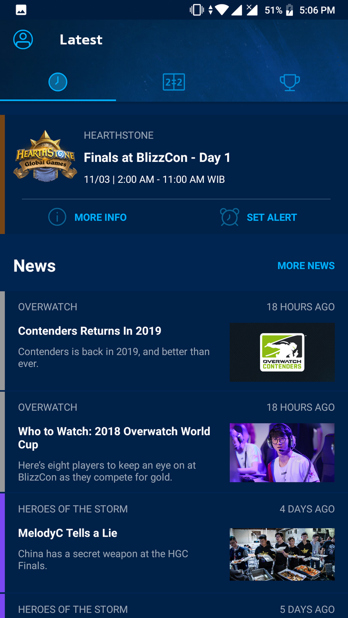 An example screenshot if you choose the Hearthstone game on the Blizzard eSports Mobile App