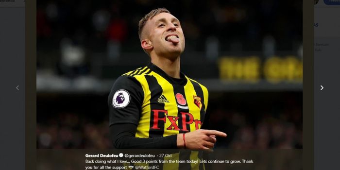 Aksi gelandang Watford, Gerard Deulofeu, pada laga Liga Inggris kontra Huddersfield Town di Vicarage Road, Sabtu (27 Oktober 2019).