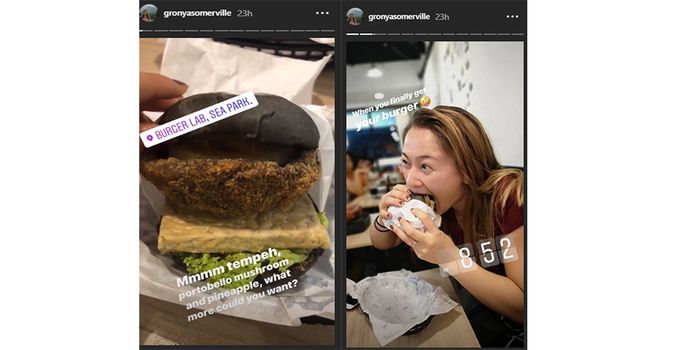Unggahan Gronya Somerville, Selasa (13/11/2018) kala menikmati burger tempe di Malaysia