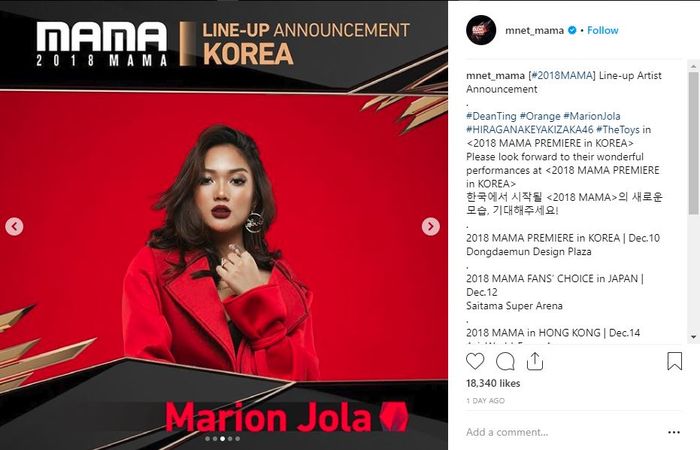 Marion Jola jadi Line Up Mnet Mama 2018