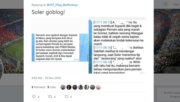 Percakapan WA yang diunggah di Twitter yang menceritakan bagaimana kasus dan kronologi munculnya isu suap atau pengaturan skor di Persib Bandung.