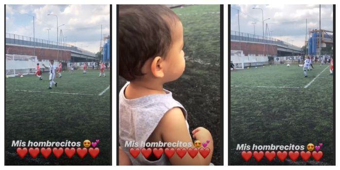 Mateo Ronaldo menyaksikan Cristiano Ronaldo Junior beraksi di lapangan, Sabtu (15/9/2018)