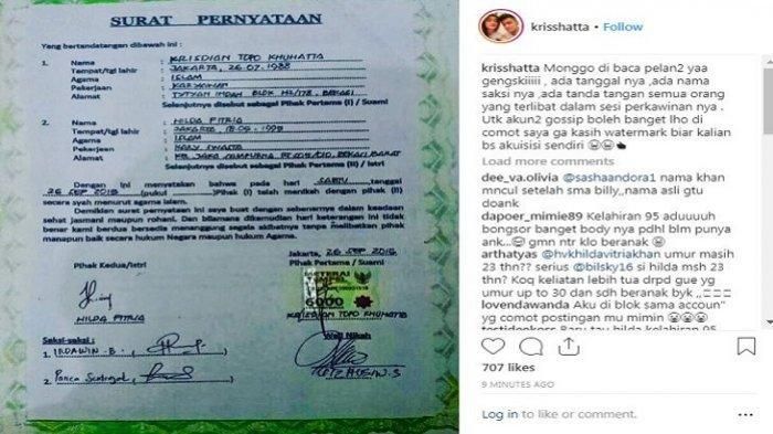 Surat pernyataan nikah Hilda Vitria dan Kriss Hatta