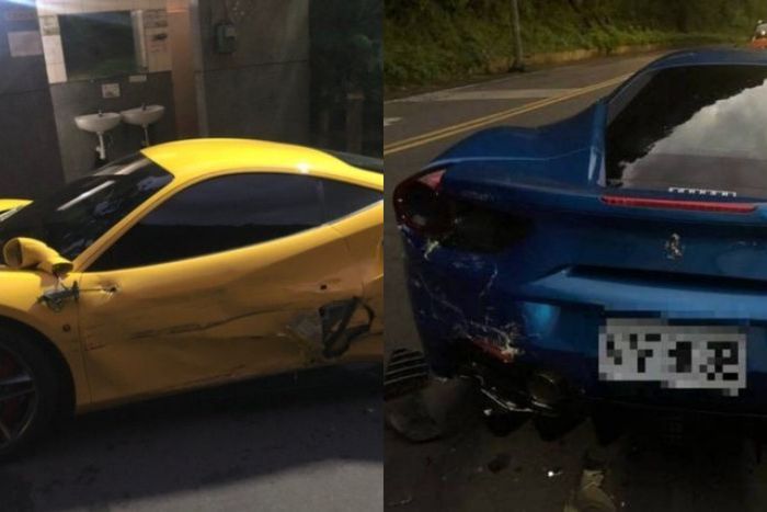 Ferrari yang hancur ditabrak mobil seorang kurir di Taiwan