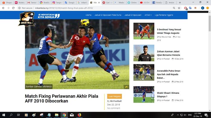 Pemberitaan media Malaysia soal mafia pengaturan skor sepak bola Indonesia.