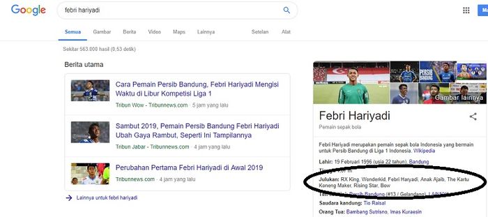 Beragam julukan unik pemain Persib Bandung, Febri Hariyadi di Google.