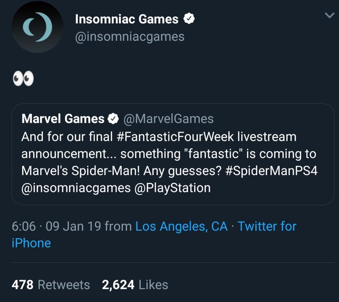Insomniac Games reaction on Twitter to collaboration with Fantastic Four