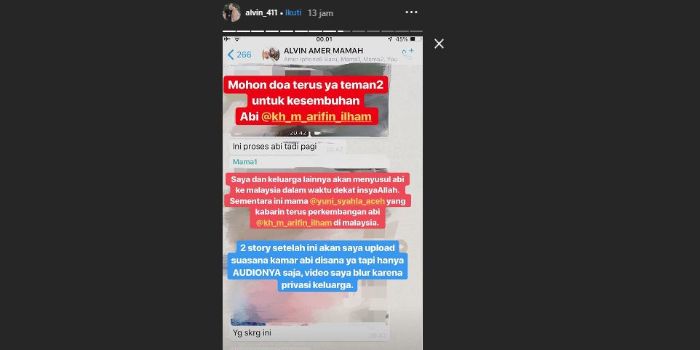 Instagram Story milik Alvin Faiz terkait kondisi sang ayah.