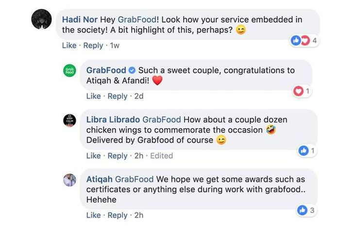 Ungkapan selamat dari pihak GrabFood Malaysia atas pernikahan rekan mereka Nur Atiqah dan Mohamad Afandi