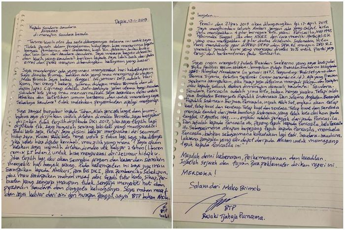 Surat Ahok dari Rutan Mako Brimob, Depok, Jawa Barat.
