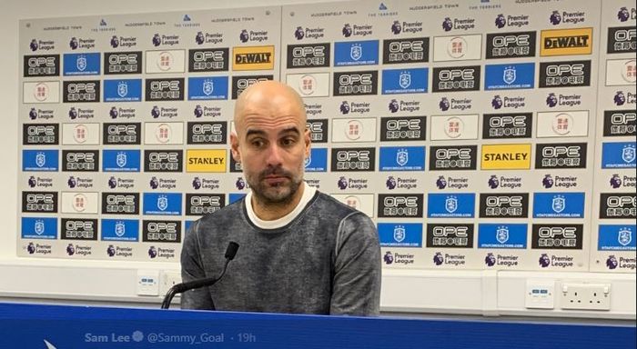 Pelatih Manchester City, Pep Guardiola, dalam sesi wawancara pascalaga pekan ke-23 Liga Inggris mela