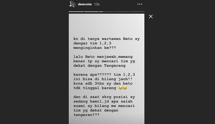 Instastory istri Alberto Goncalves, Rosmala Dewi.