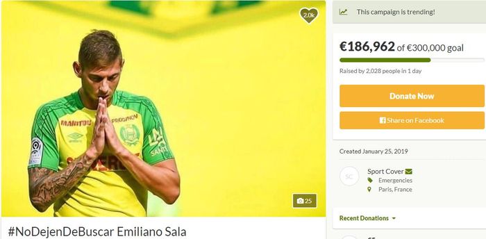 Kampanye galang dana untuk Emiliano Sala di situs GoFoundMe.