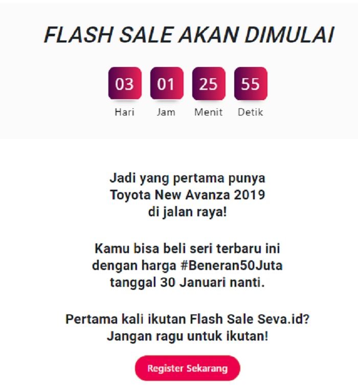 Flash sale toyota new avanza Rp 50 juta.