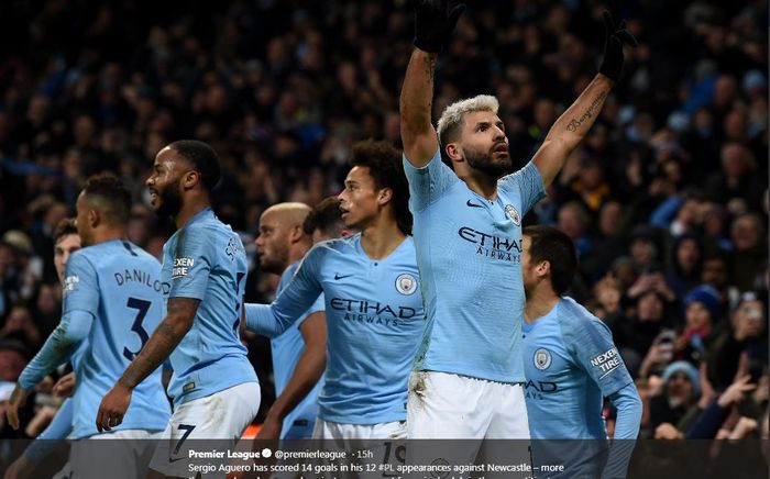 Sergio Aguero mencetak gol kilat Manchester City ke gawang Newcastle United dalam partai Liga Inggris di St James' Park, 29 Januari 2019.