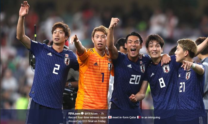 Timnas Jepang menantang Qatar dalam final Piala Asia 2019 di Zayed Sports City Stadium, Abu Dhabi, 1 Februari 2019.