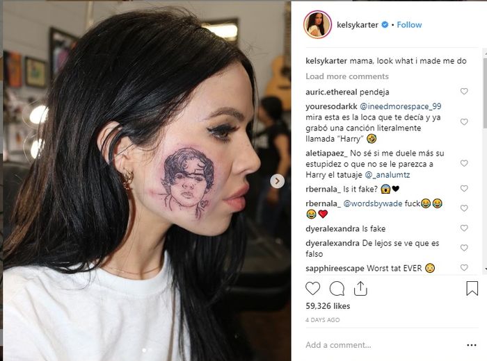 Kelsy Karter nekat menato pipinya dengan gambar wajah Harry Styles | Instagram @kelsykarter
