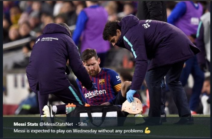 Megabintang Barcelona, Lionel Messi, mengalami cedera saat melawan Valencia di Camp Nou, Sabtu (2/2/2019)